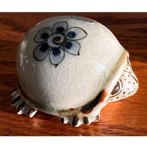 Signed Mexico Folk Art Ceramic Turtle Figurine Hand Painted Floral Rustic 3"